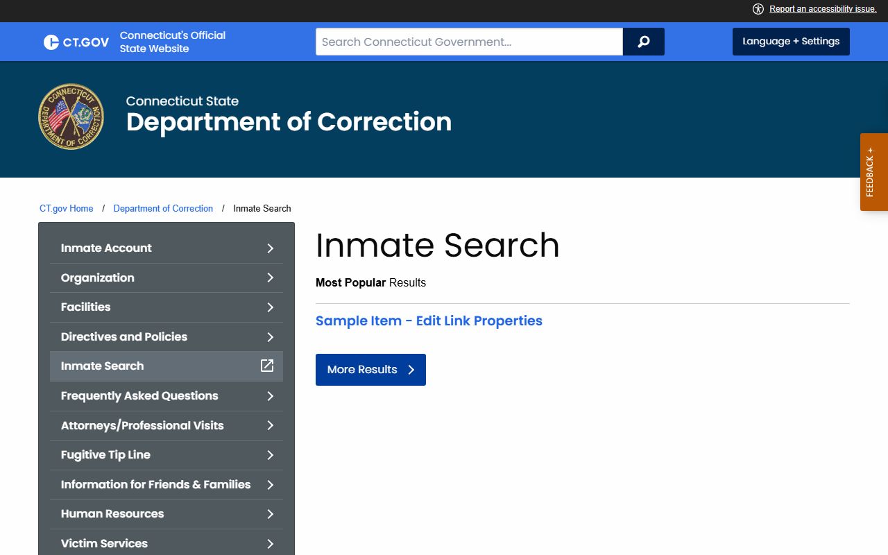 West Haven County inmate search CT DOC inmate search landing page