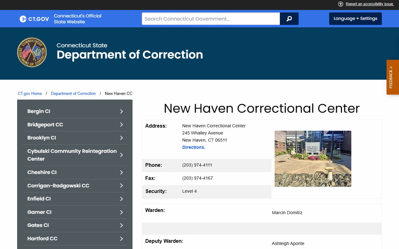 New Haven Correctional Center inmate lookup facility page for West Haven County custody