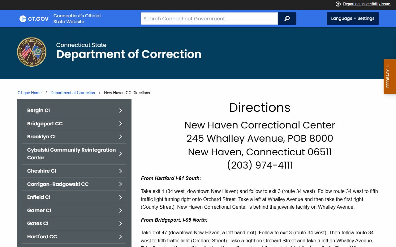 New Haven Correctional Center directions for West Haven County inmate visits